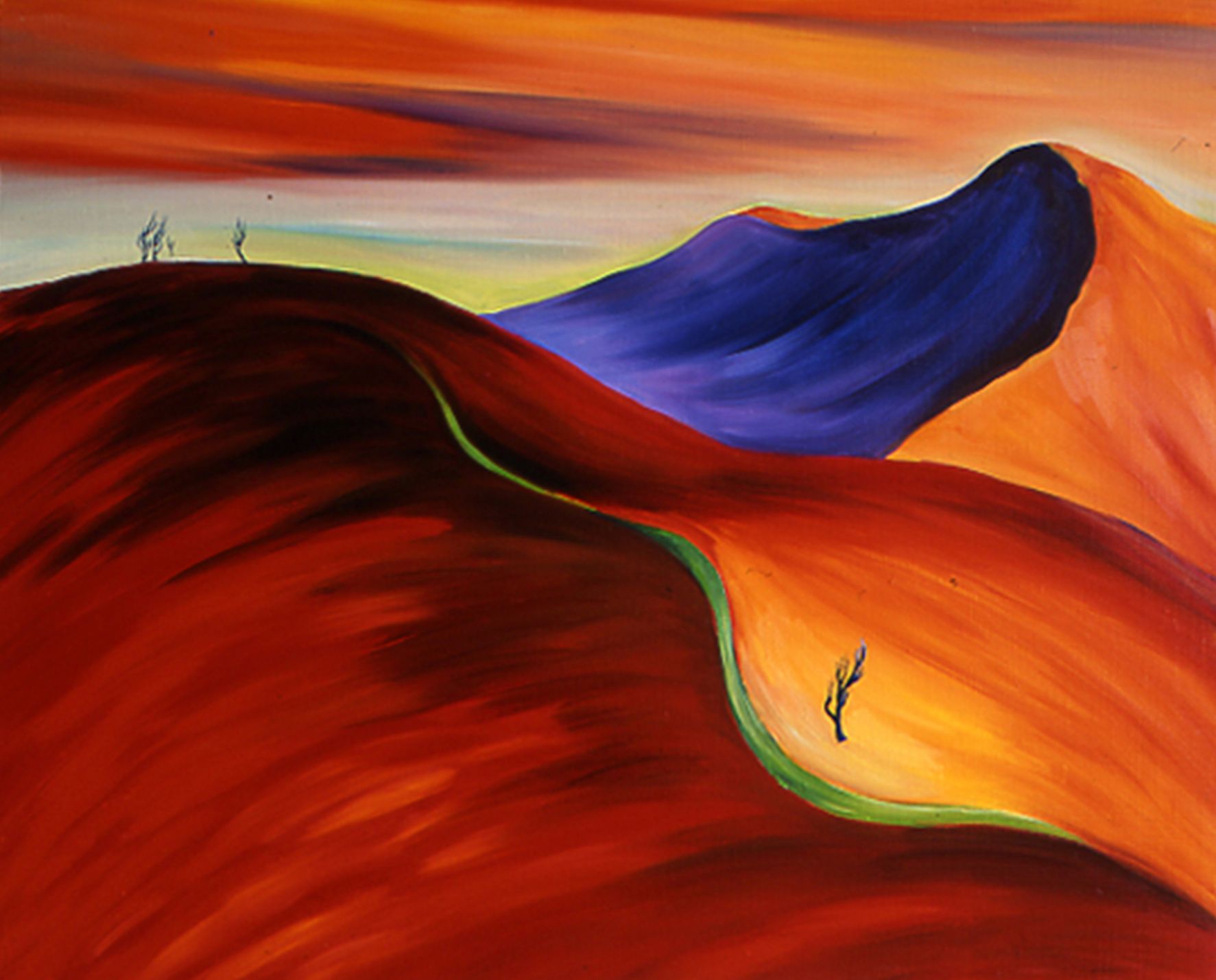 Abstract desert dunes in red, orange, and purple under a sunset sky with tiny cactus silhouettes