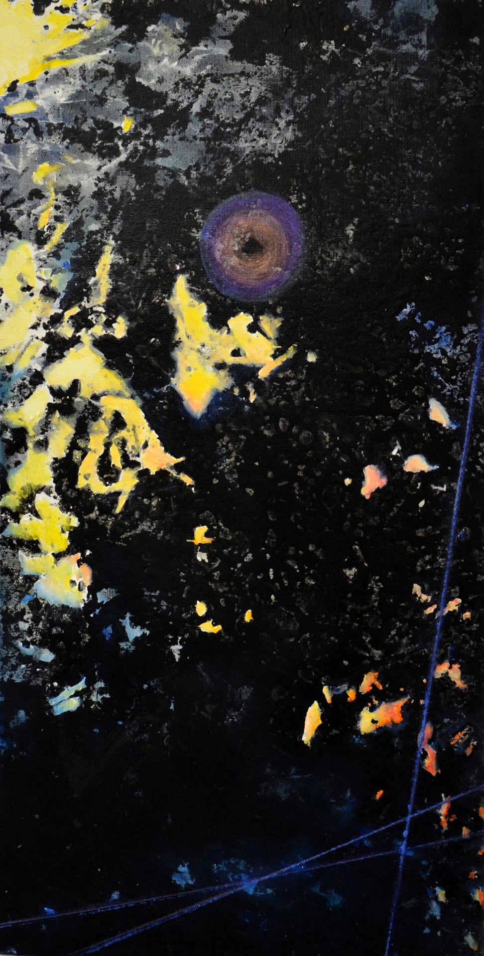 Abstract black background with yellow paint splatters and a purple circular glow near the top center