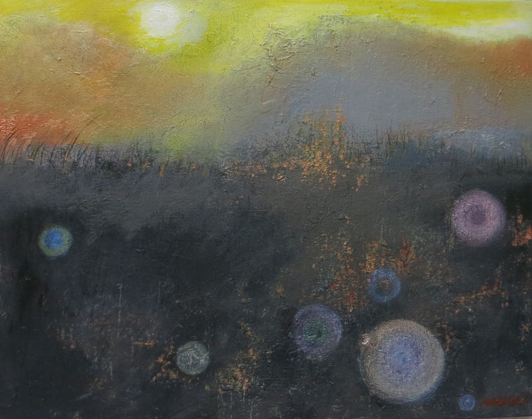 Abstract painting with dark gray foreground, yellow sky, and glowing circular lights