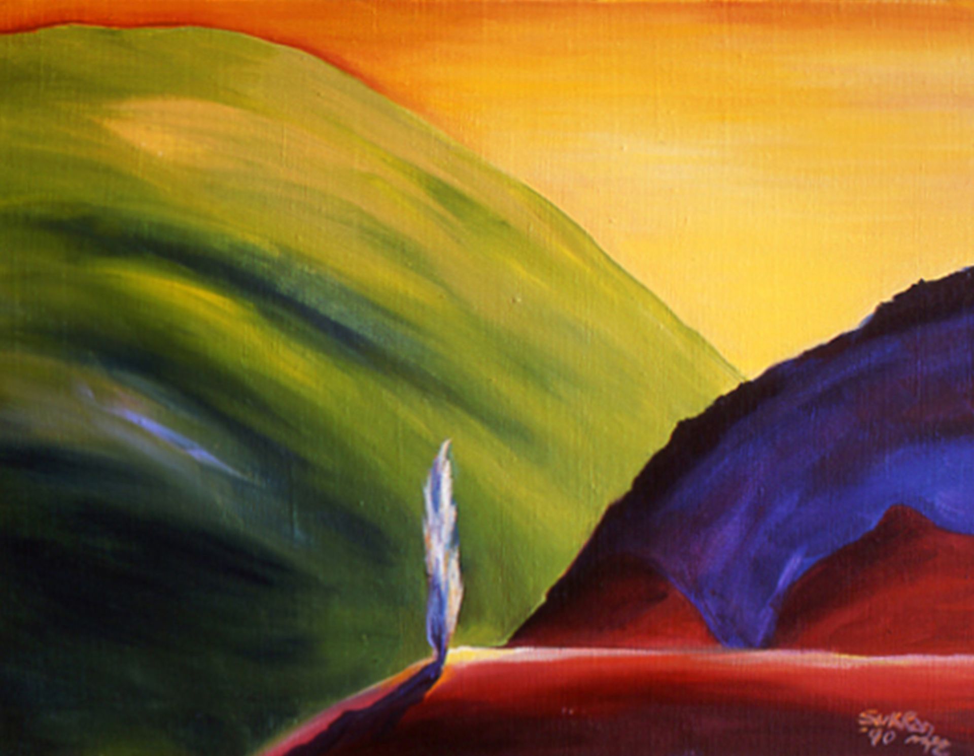 Abstract painting of flowing green, blue, and red hills under a warm yellow sky, with a small white figure near center