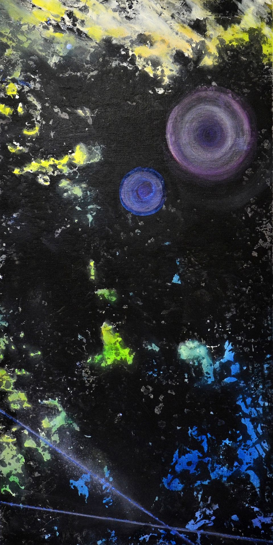 Abstract dark painting with yellow splashes, glowing purple circles, and blue-green accents