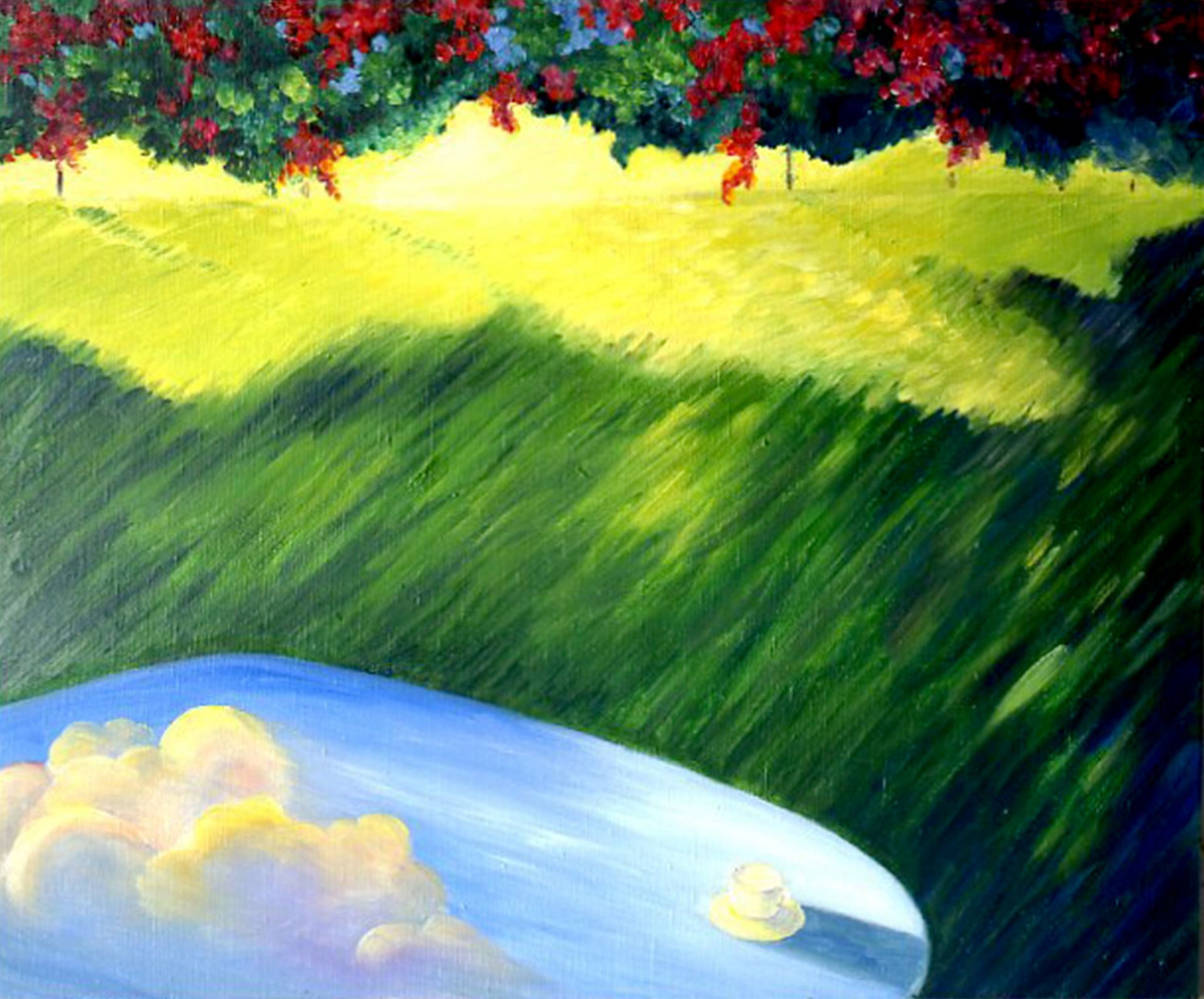 A colorful painting of a sunny green landscape with red flowers, blue hills, and a small pond with clouds.