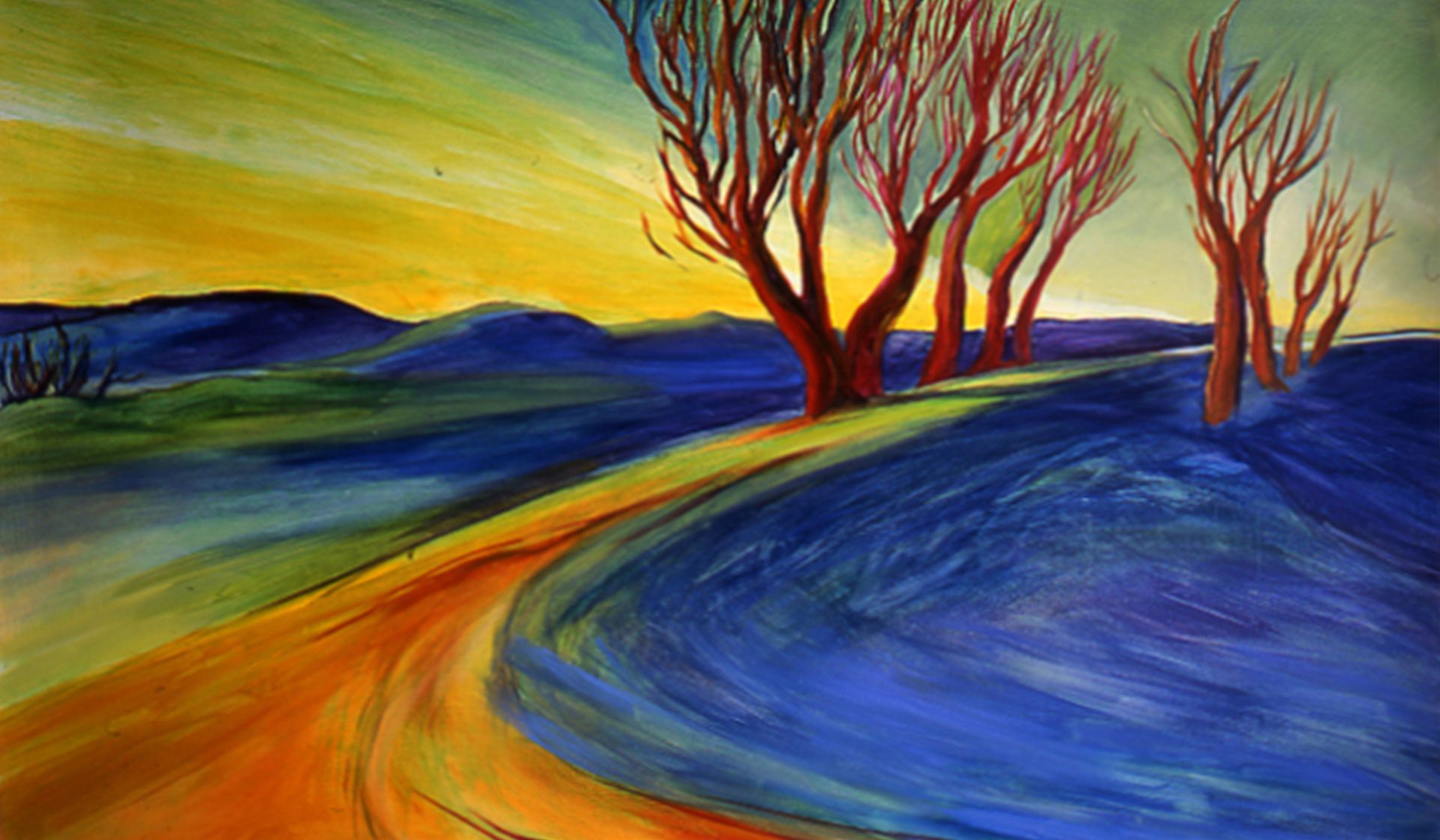 Colorful abstract landscape with winding blue path, bare trees, and yellow-orange sky
