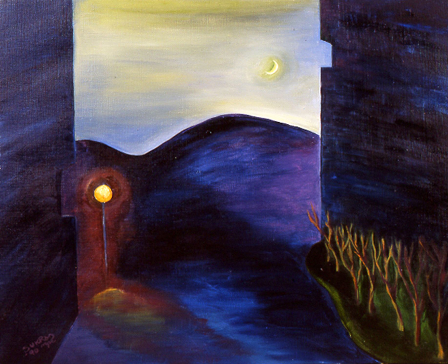 Moonlit road with a glowing streetlamp between dark buildings and hills, with reeds on the right.