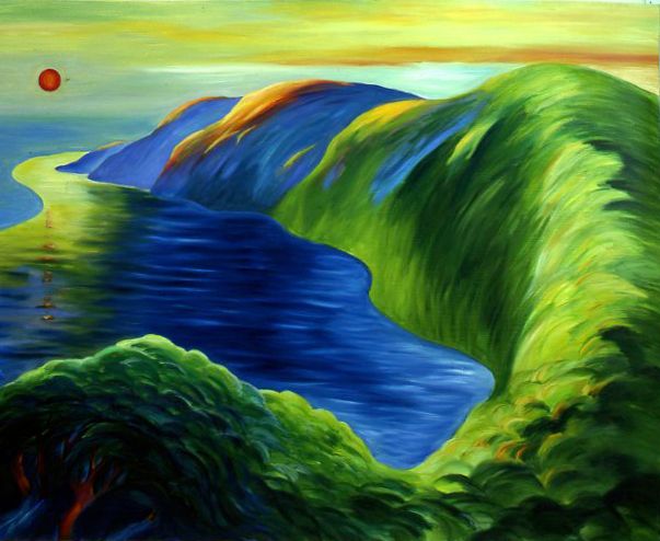Vibrant painting of a blue river winding between green hills under a yellow sky with a red sun