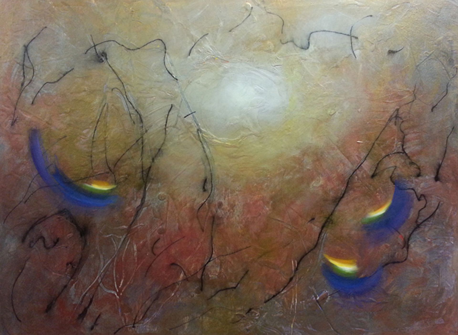 Abstract painting with glowing center, dark cracks, and two blue-yellow curved shapes below