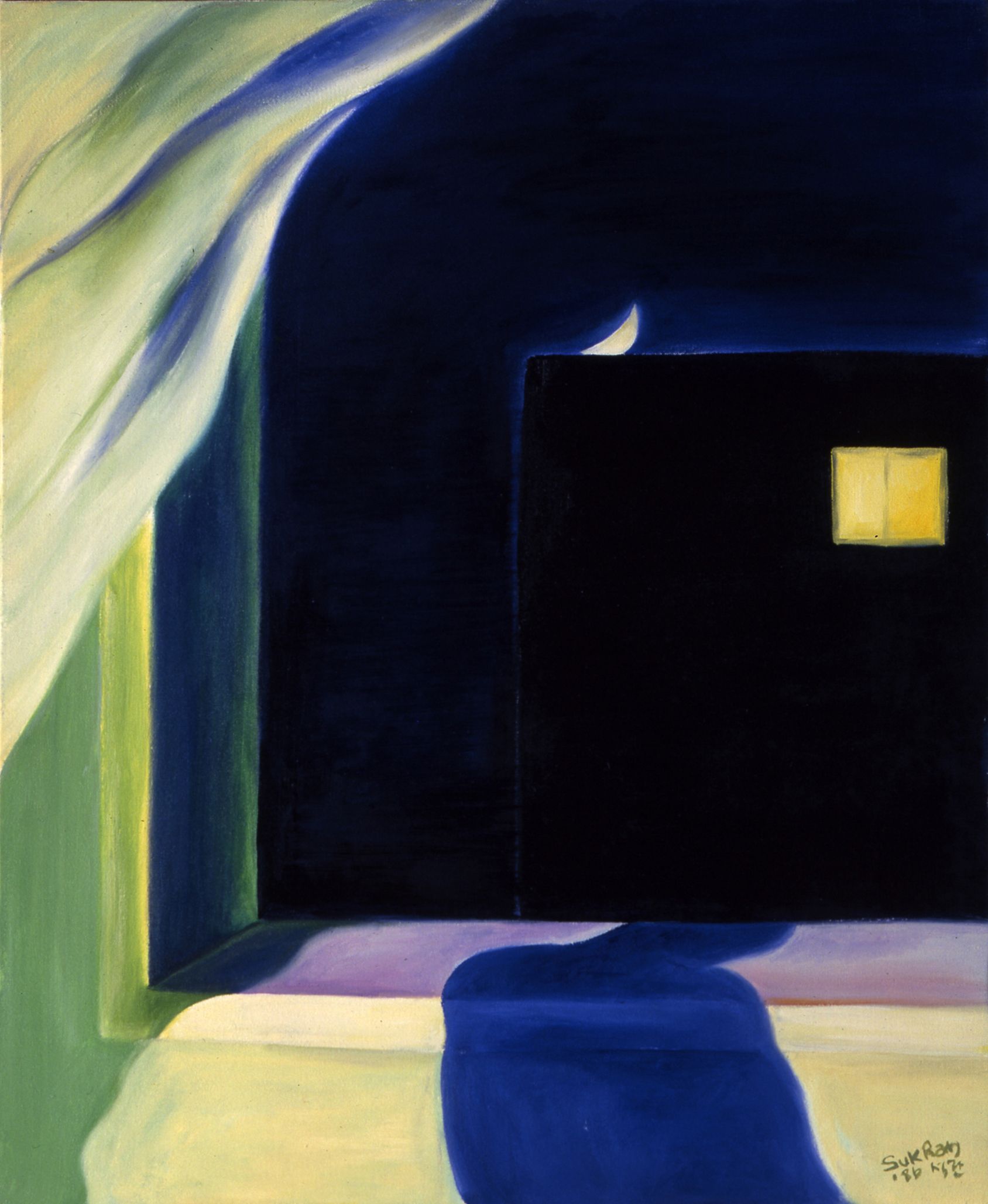 Abstract painting of a dark window in a pale blue room, with a small yellow-lit square in the upper right.