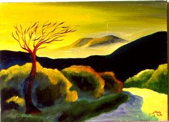 Surreal landscape with a bare tree, winding path, green hills, and a yellow sky at sunset