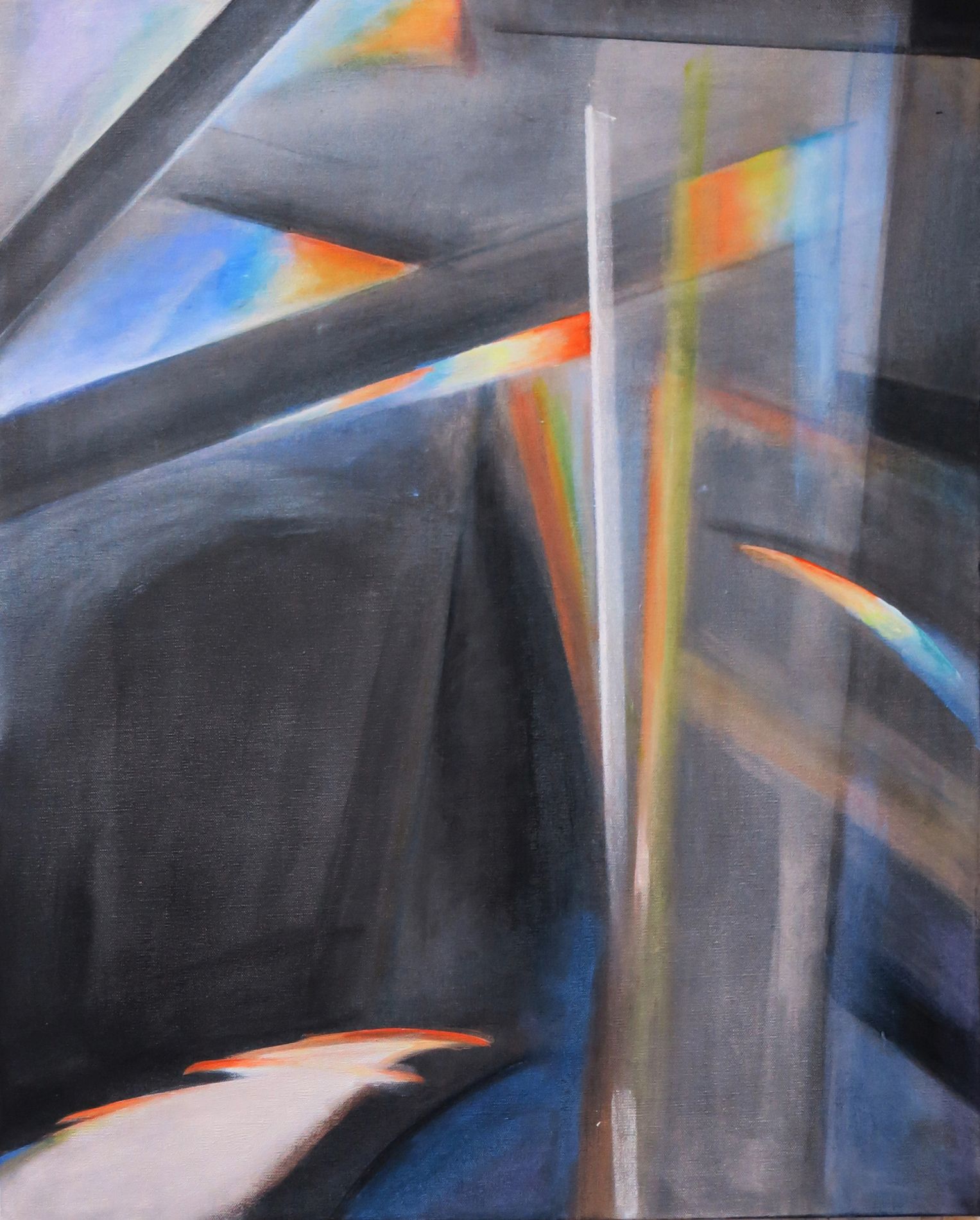 Abstract geometric painting with gray, black, blue, orange, and red light streaks