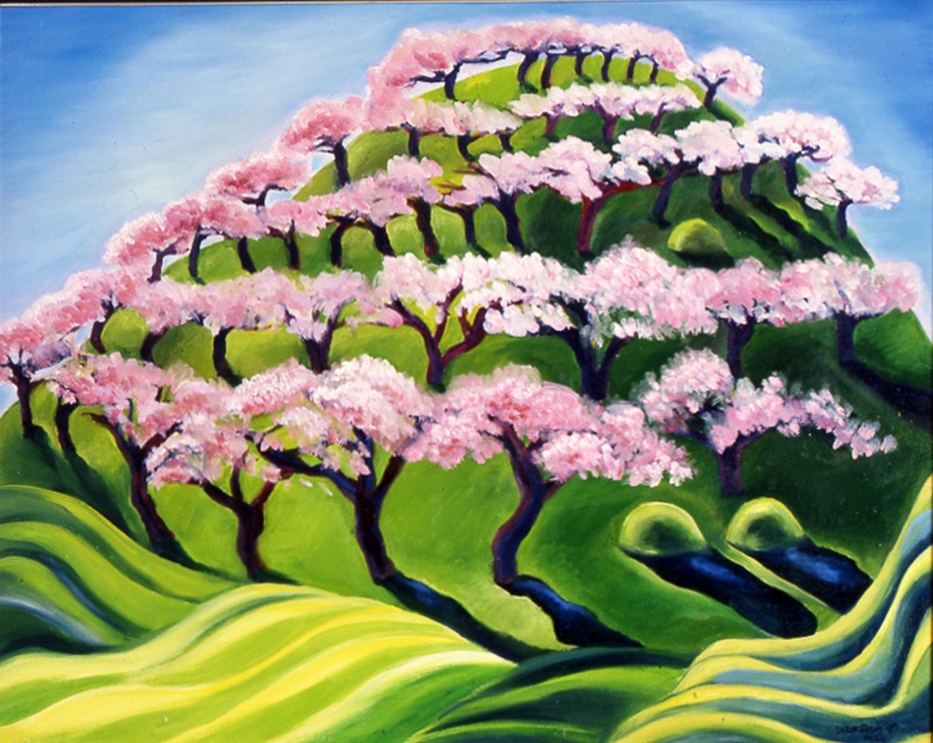 Pink-blossomed tree on a green hillside under a blue sky, painted in a colorful style