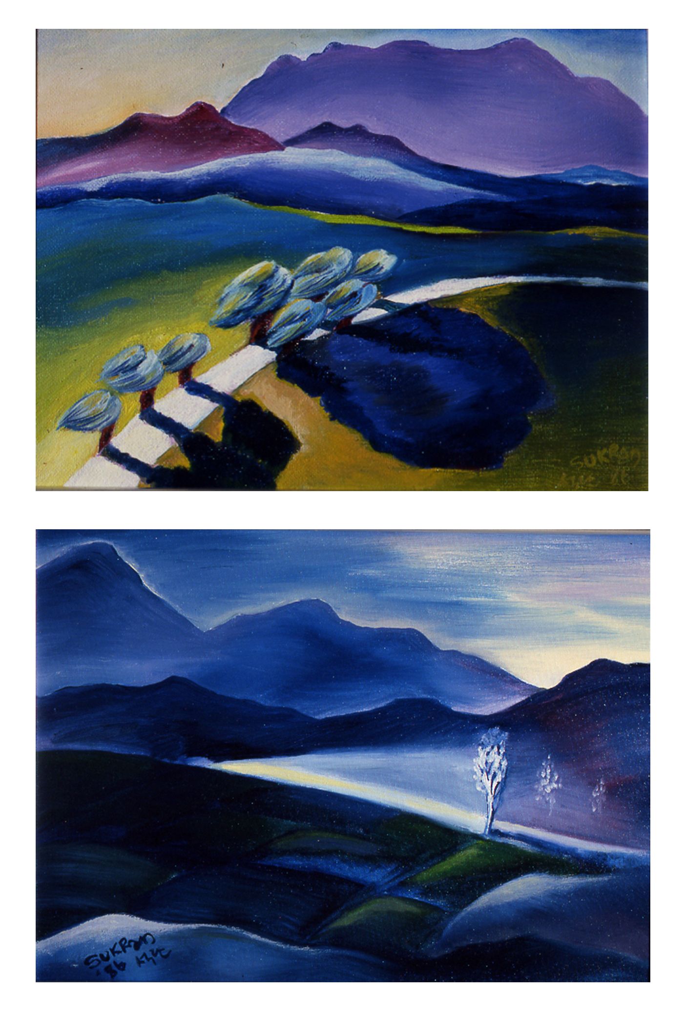 Two watercolor landscapes with blue mountains, water, and purple sky
