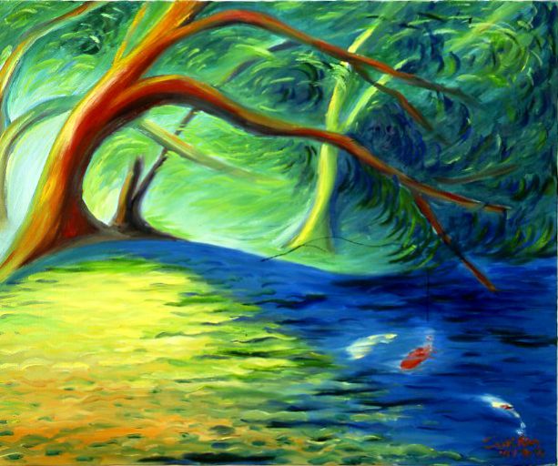 Abstract painting of a red tree arching over blue water and a green shoreline