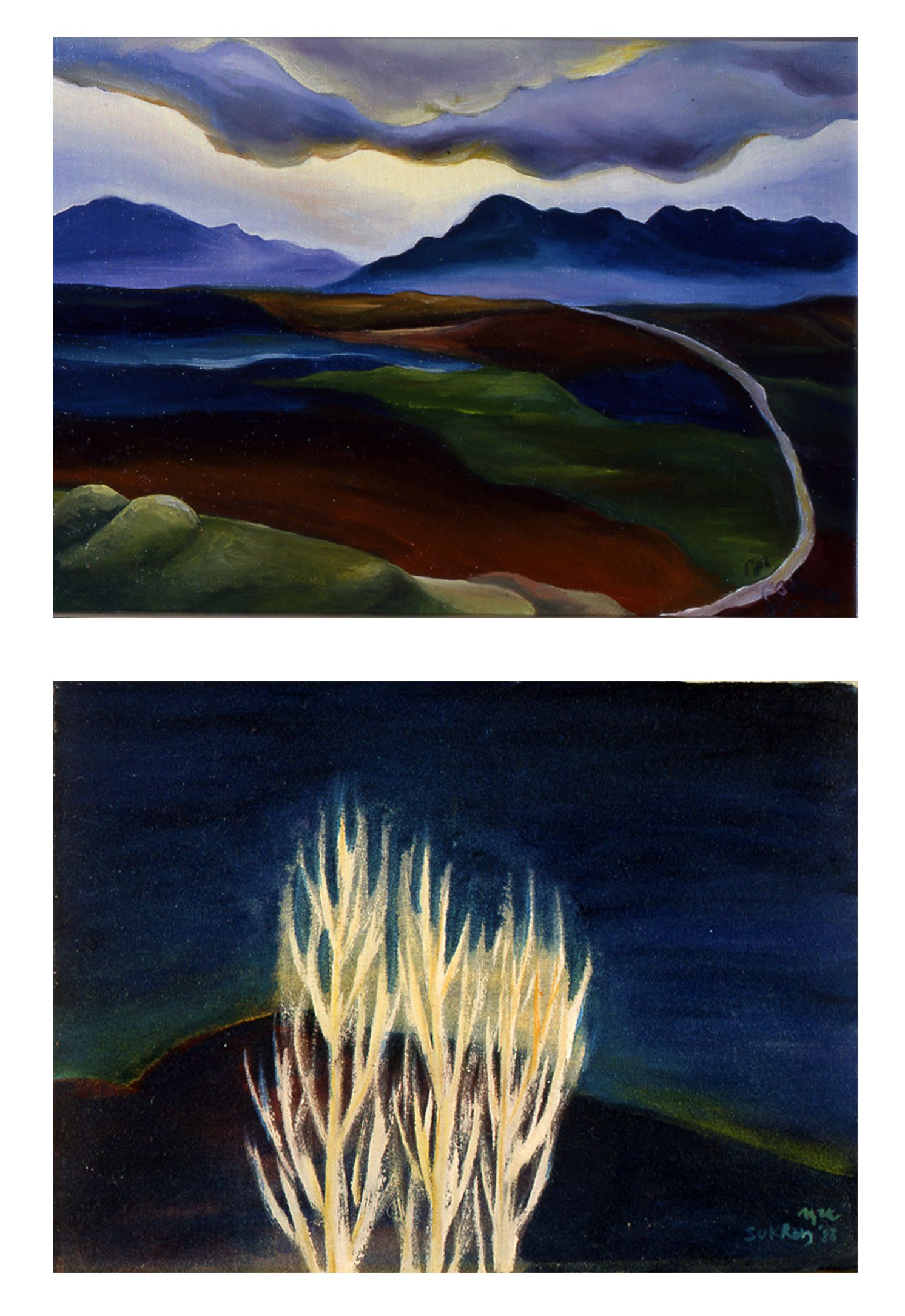 Two watercolor landscapes: mountains over a winding river, and pale grasses against a dark blue sky