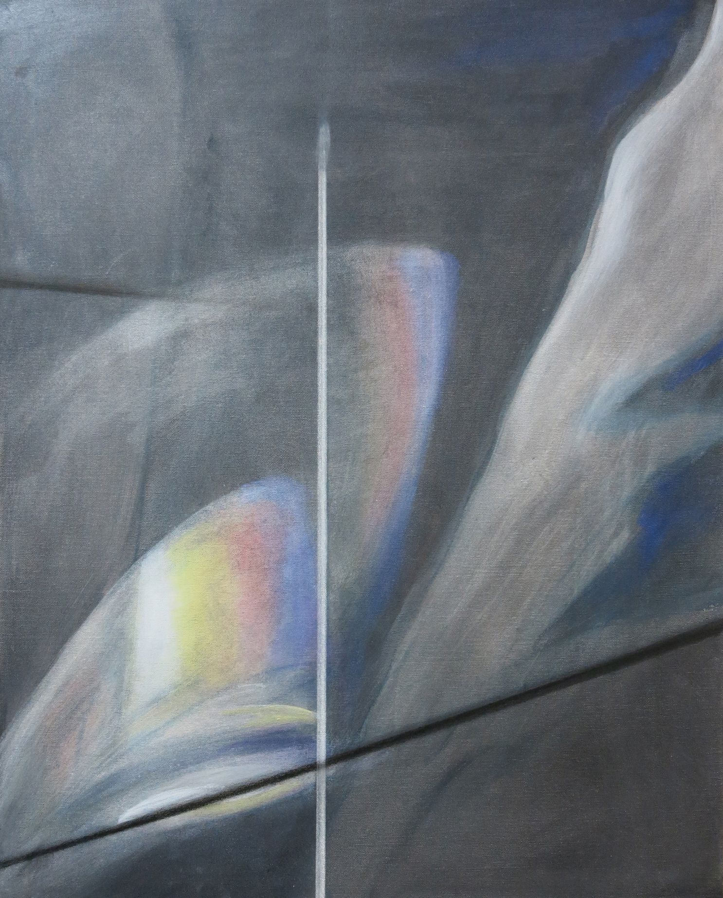 Abstract gray painting with curved light reflections and a thin vertical white line