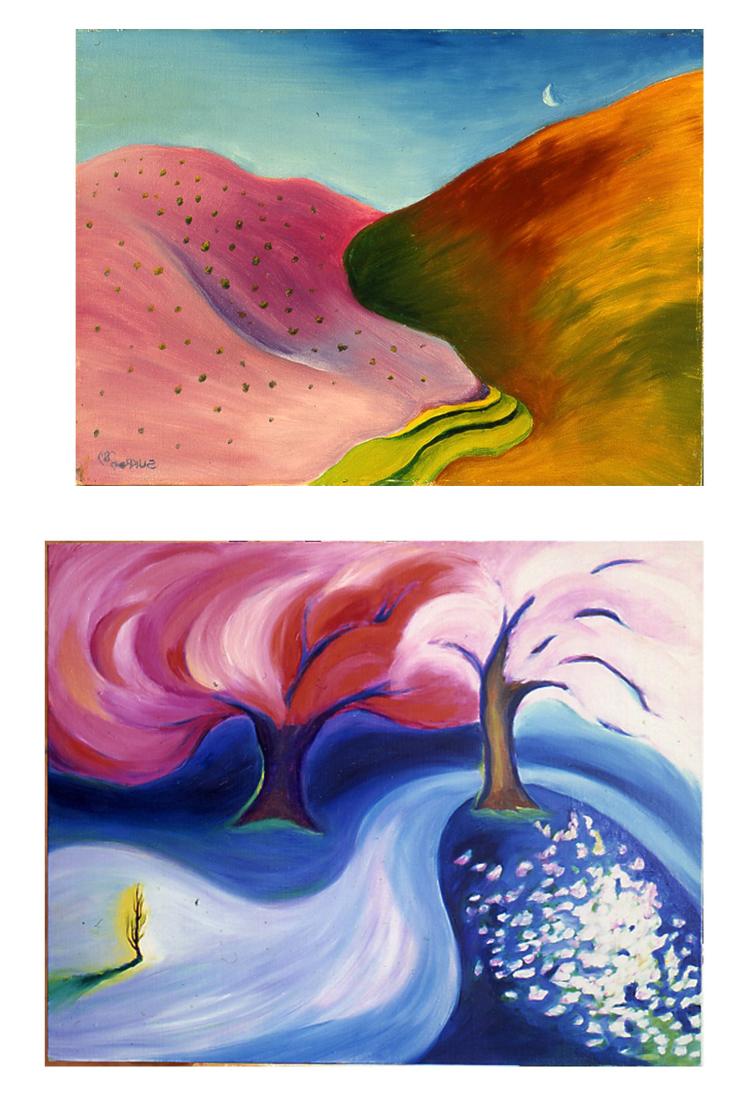Two abstract landscape paintings with vivid pink, blue, green, and orange swirls