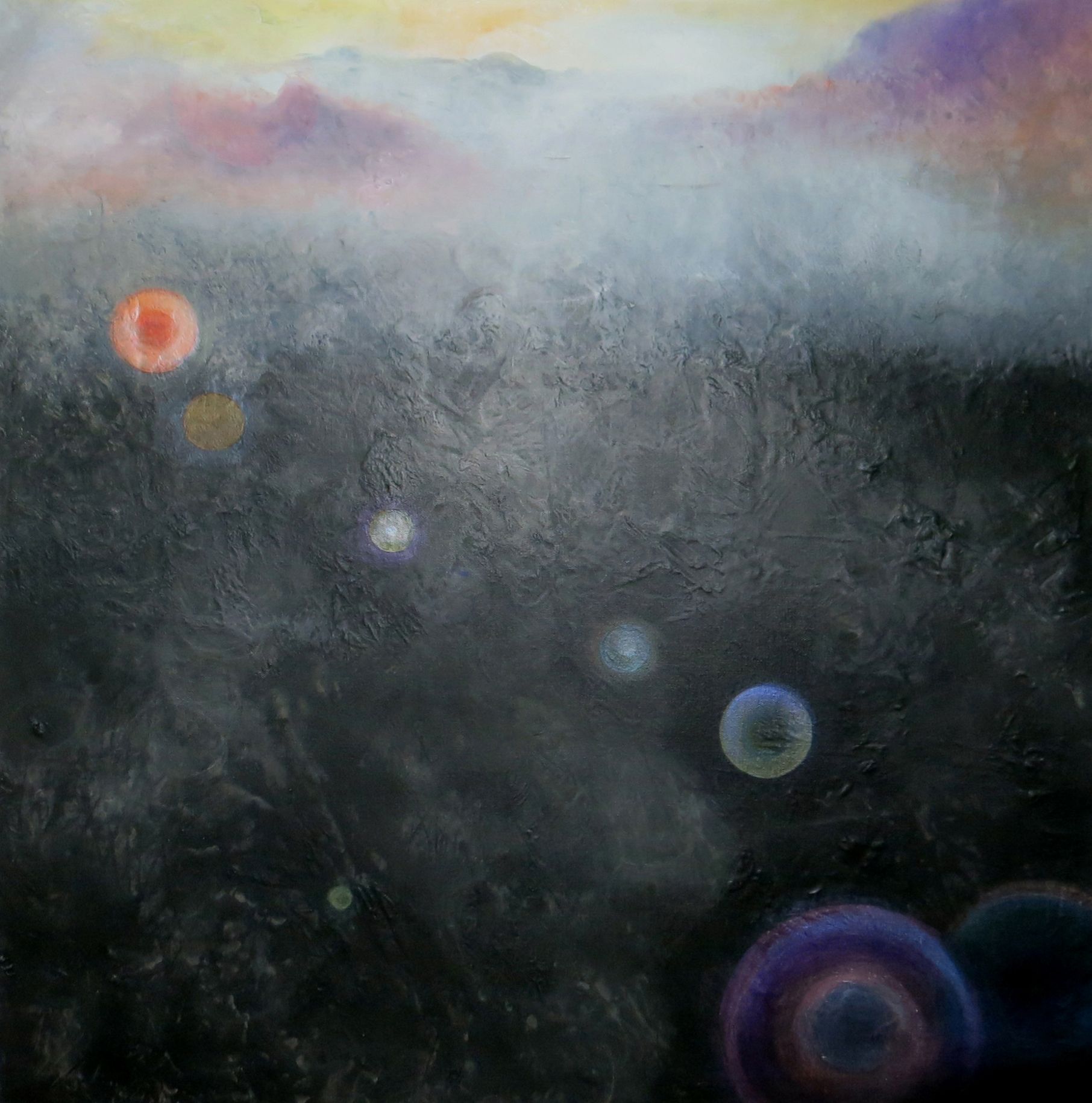 Abstract painting with dark textured background, misty pastel sky, and glowing orb-like lights