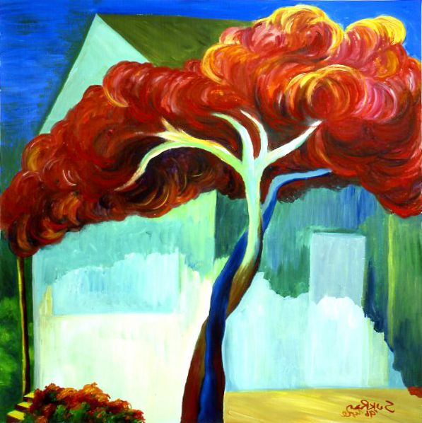 Abstract painting of a lone tree with a dark trunk and vivid red-orange canopy against a green-blue background