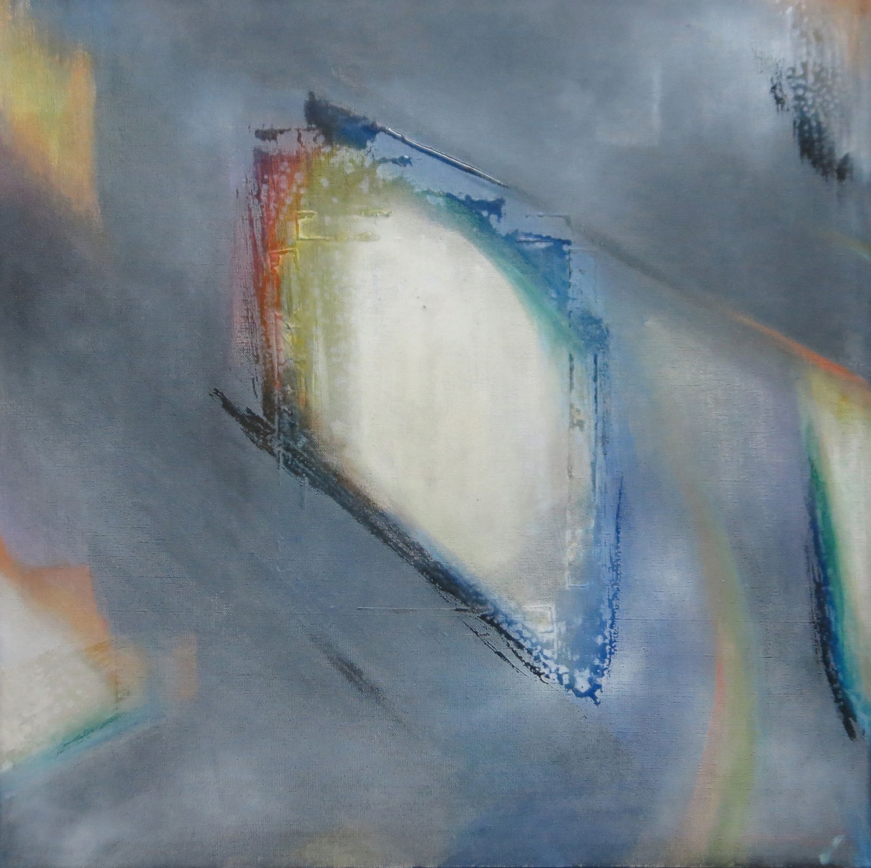Abstract gray-blue painting with a bright white geometric shape outlined in blue and rainbow edges