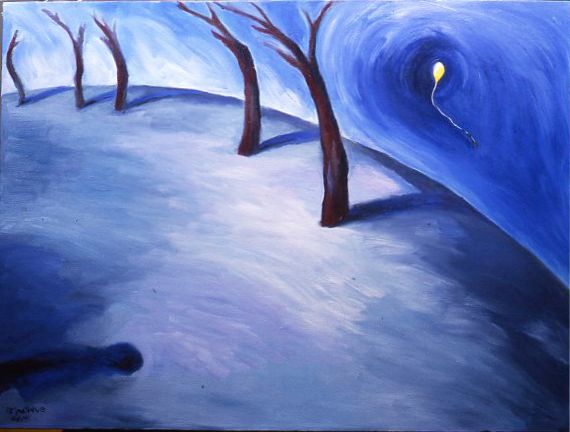Blue snowy landscape with bare trees and a winding dark path under a glowing moon