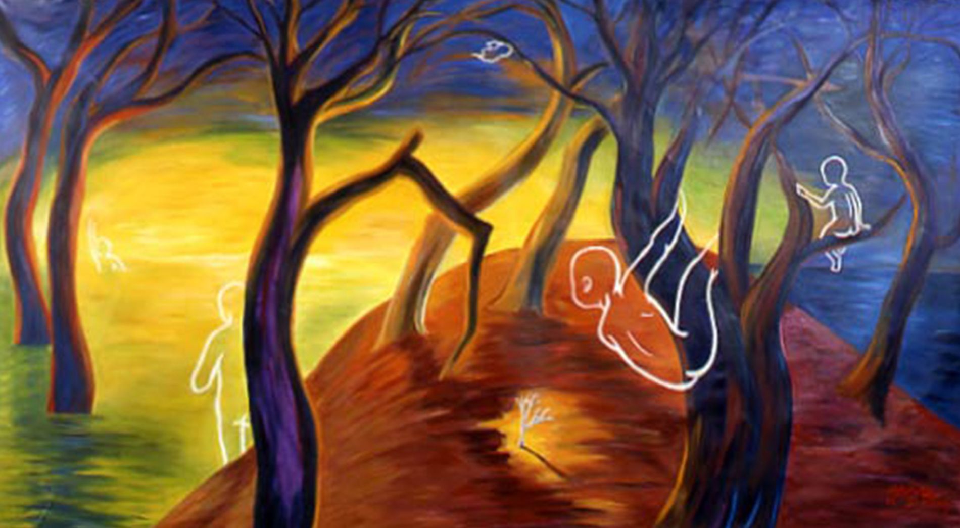 Surreal forest path at sunset with twisted trees and glowing white figures in orange, blue, and purple tones