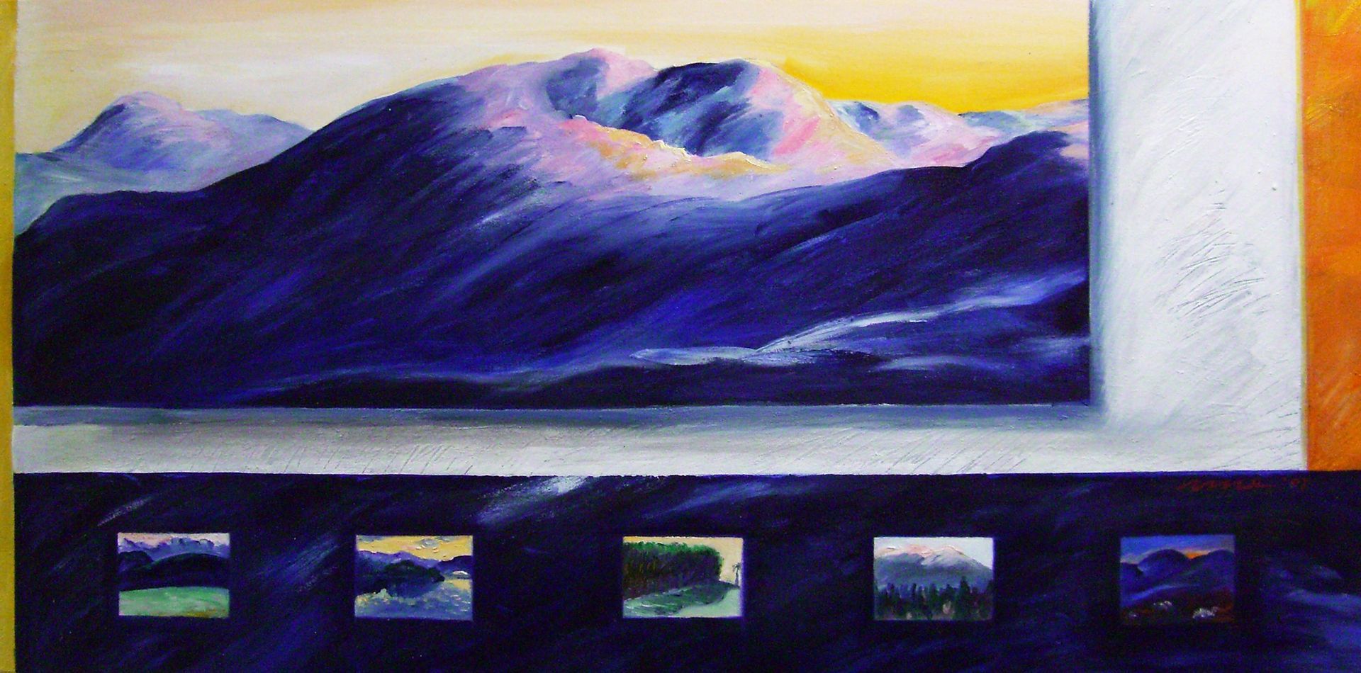Landscape painting of purple mountains beneath a yellow sky, with small thumbnail landscapes displayed below