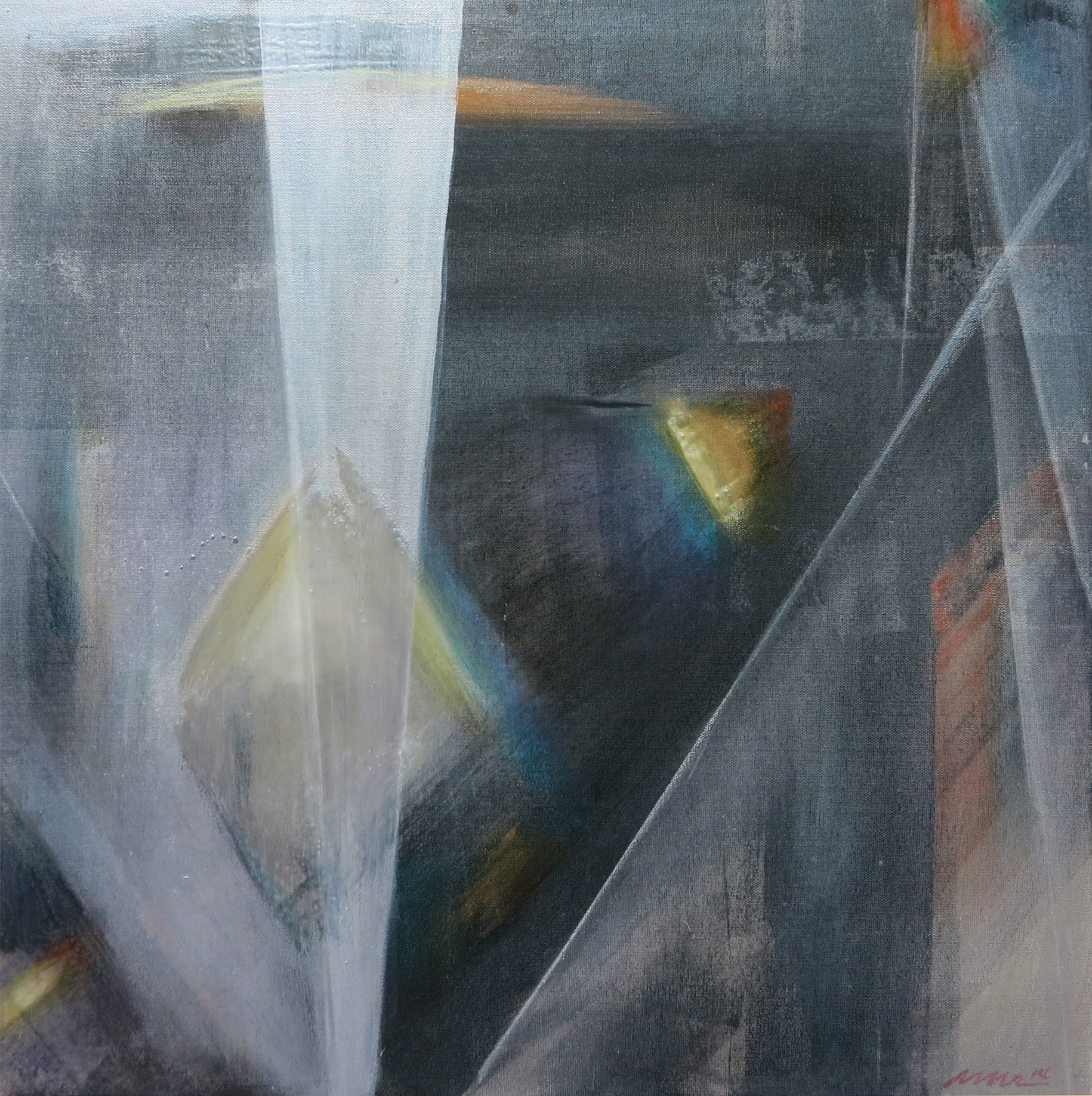 Abstract gray painting with white vertical band and faint yellow-blue geometric shapes