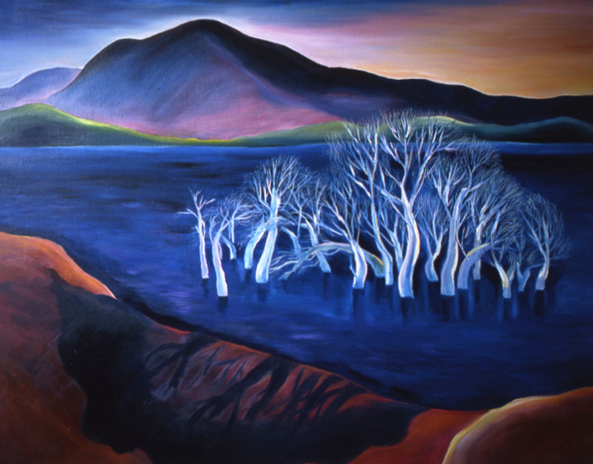 Blue landscape with white trees in a dark valley before a purple mountain at dusk