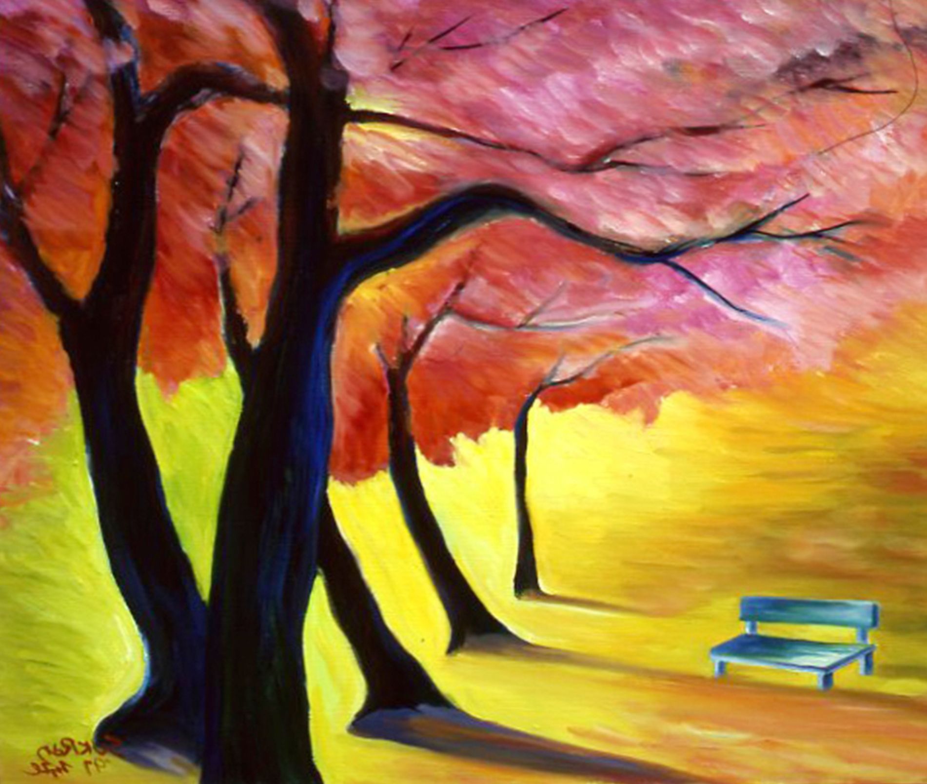 Colorful park scene with dark trees, pink blossoms, and a blue bench on a bright yellow path