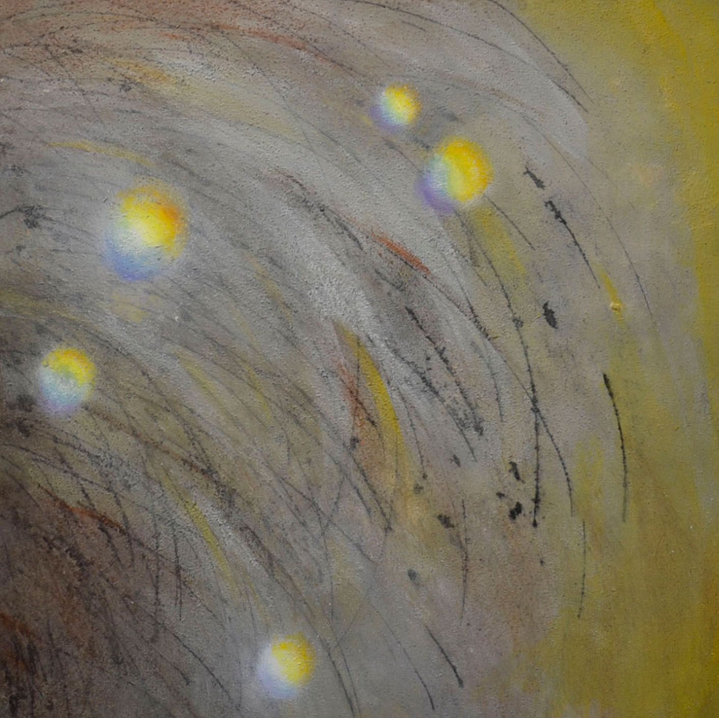 Abstract gray background with curved pencil lines and scattered glowing yellow-white dots
