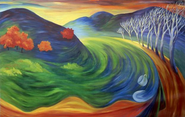 Colorful abstract landscape with swirling green hills, orange trees, and white trees under a bright sky