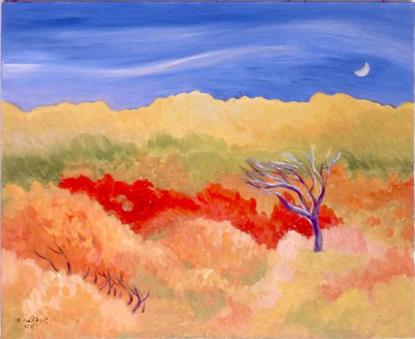 Colorful desert landscape with red shrubs, a lone tree, and a blue sky with a crescent moon
