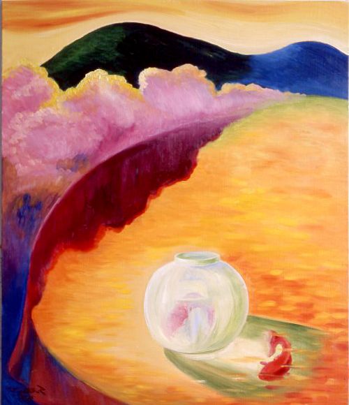 Colorful abstract landscape with hills, a glass vase, and a small red flower on a bright orange foreground
