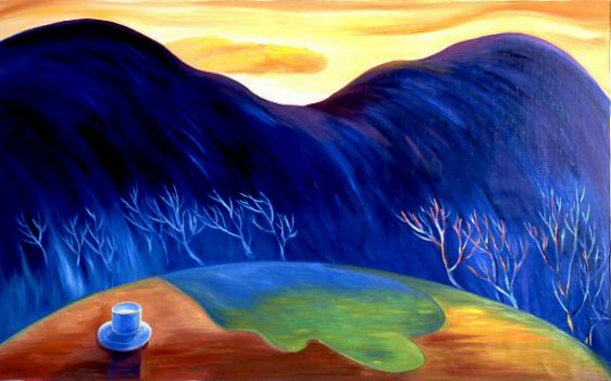 Blue hills under a golden sunset, with a small paint palette in the foreground.