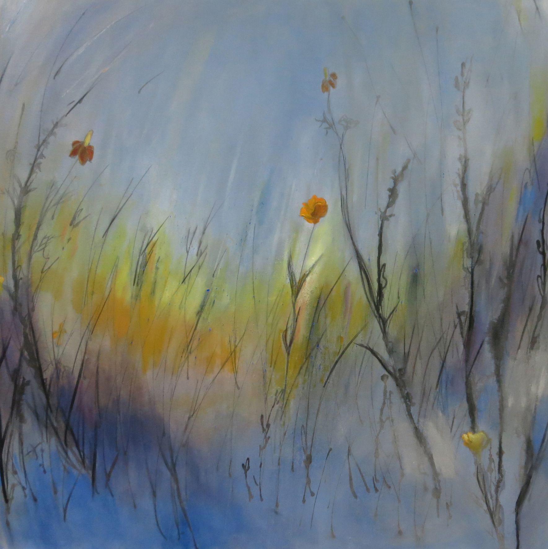 Abstract painting of tall grass silhouettes with orange flowers against a blue and yellow sky