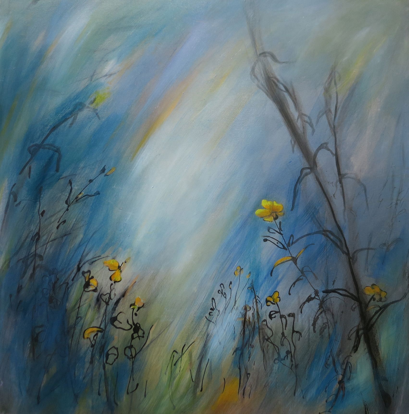 Abstract blue-gray painting of wildflowers with yellow blooms and dark stems in soft light