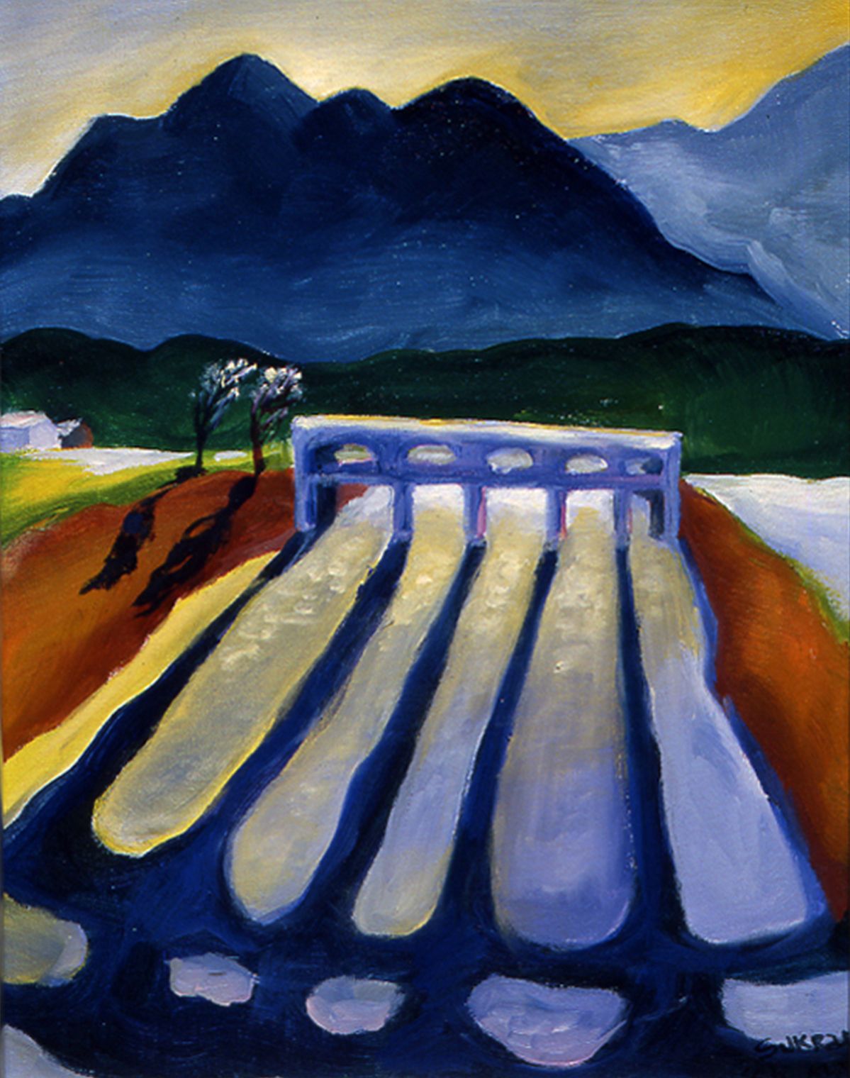 Blue bridge over a river with mountains and a yellow sky in the background
