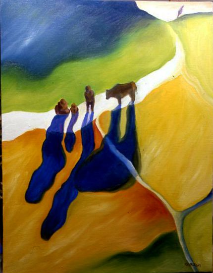 Abstract painting of blue figures and a brown animal on a yellow-green landscape with flowing shapes