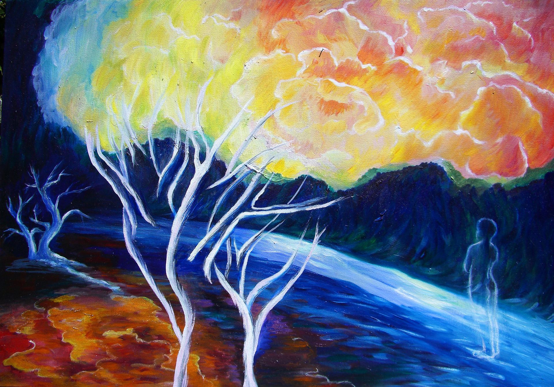 Colorful glowing tree over a blue landscape, with a small human figure at right
