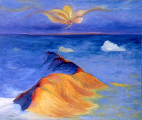 Abstract painting of a blue seascape with an orange rock, cloud, and glowing bird-like shape overhead