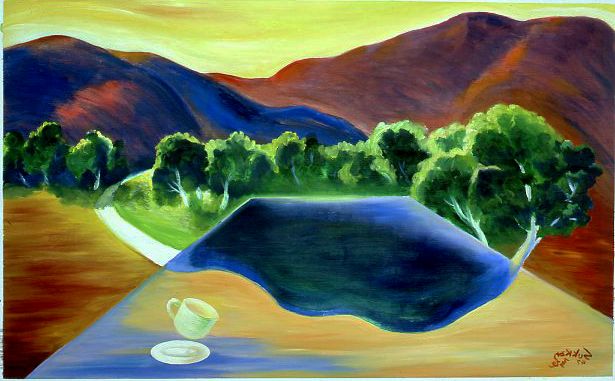 Colorful landscape with mountains, trees, a winding path, and a dark rock in the foreground