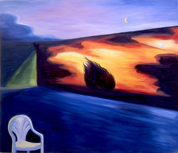 Abstract surreal landscape with blue foreground, orange sky, crescent moon, and white chair in lower left.