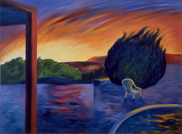 Sunset landscape with a glowing chair beside a dark tree and water reflections