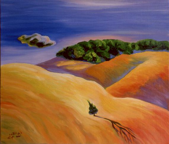 Sunlit orange dunes with a lone tree, green hill, and cloudy blue sky in a painted landscape.