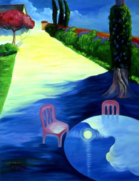 Colorful painting of a sunlit path beside greenery, with two chairs and a round blue table in the foreground.