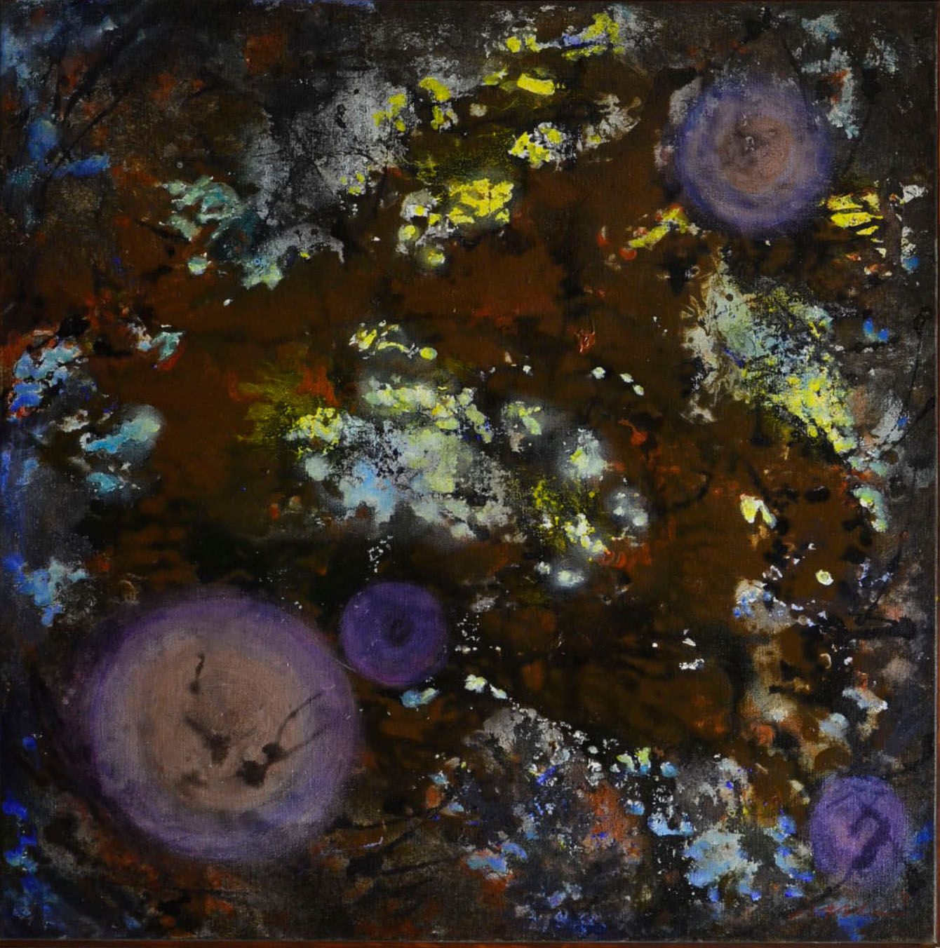 Abstract dark painting with purple circular forms, white specks, and yellow highlights