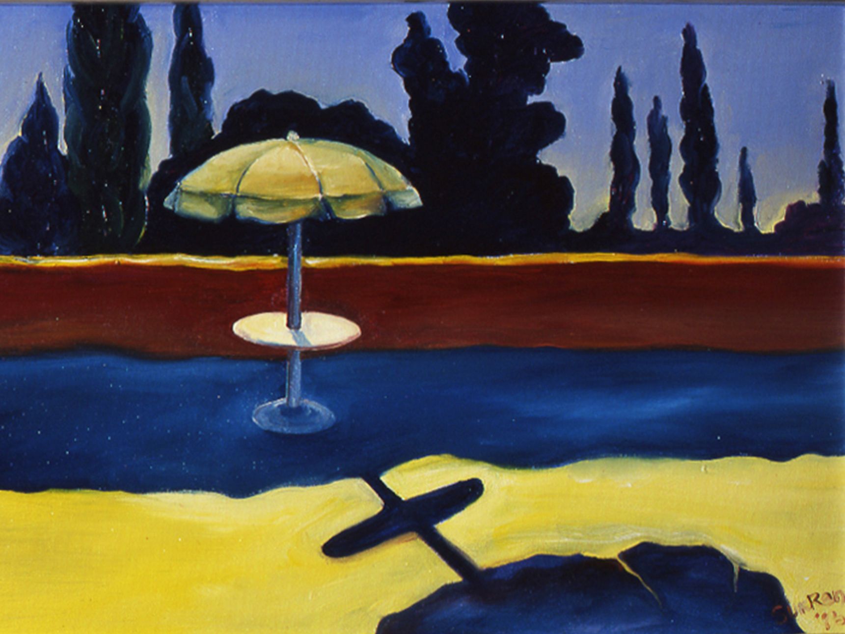 Umbrella and chair by a blue pool at dusk, with tall dark trees silhouetted in the background.