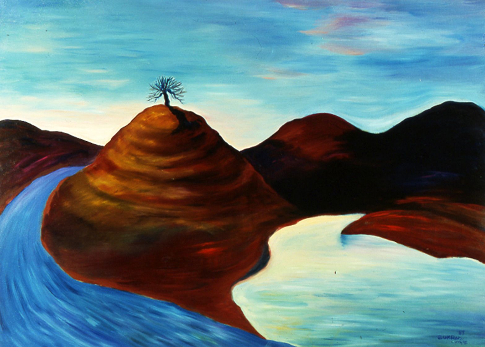 A painted landscape with brown hills, a lone tree, and a blue river under a cloudy sky
