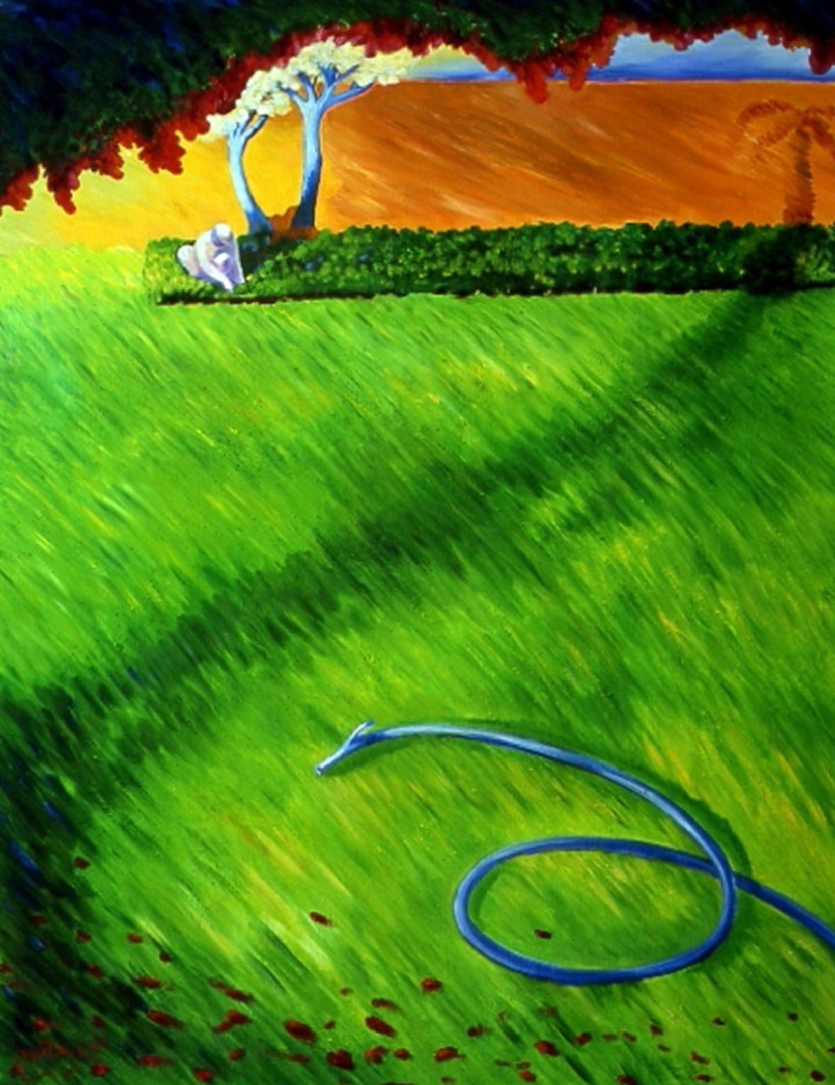 A blue garden hose coiled on bright green grass beneath a tree with orange foliage.