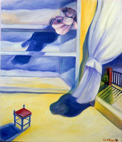 Window view with a seated figure, open white curtains, and a small lantern on a yellow floor.