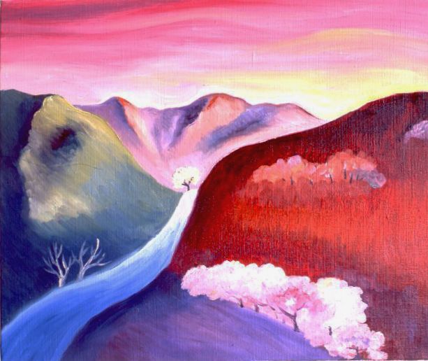 Colorful painting of a winding blue river through red and purple mountains under a pink sunset sky